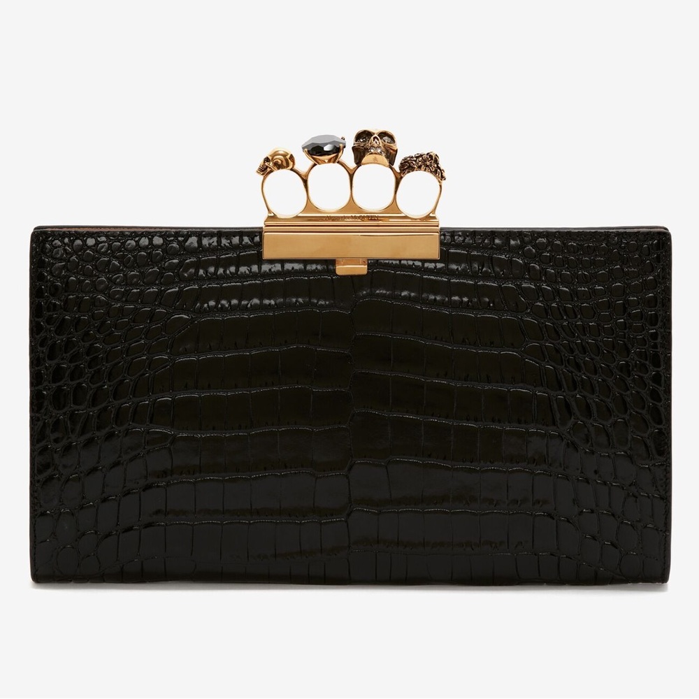 Alexander McQueen Croc Embossed Jewelled Flat Clutch bag in Black and Gold